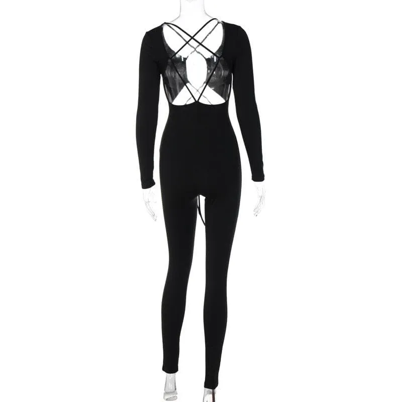 Cross front long sleeve hollow out lace up solid jumpsuit - Final Sale