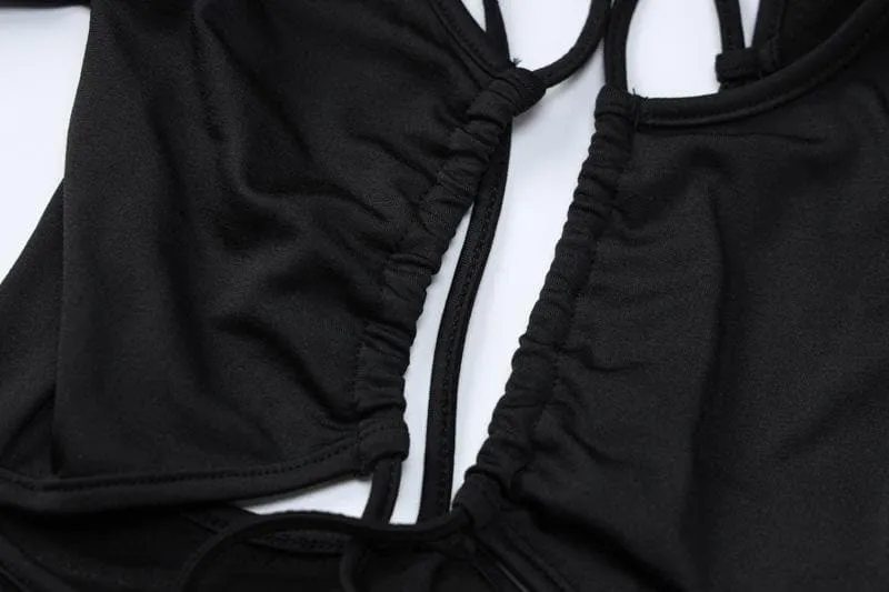 Cross front long sleeve hollow out lace up solid jumpsuit - Final Sale