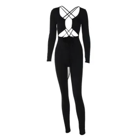Cross front long sleeve hollow out lace up solid jumpsuit - Final Sale