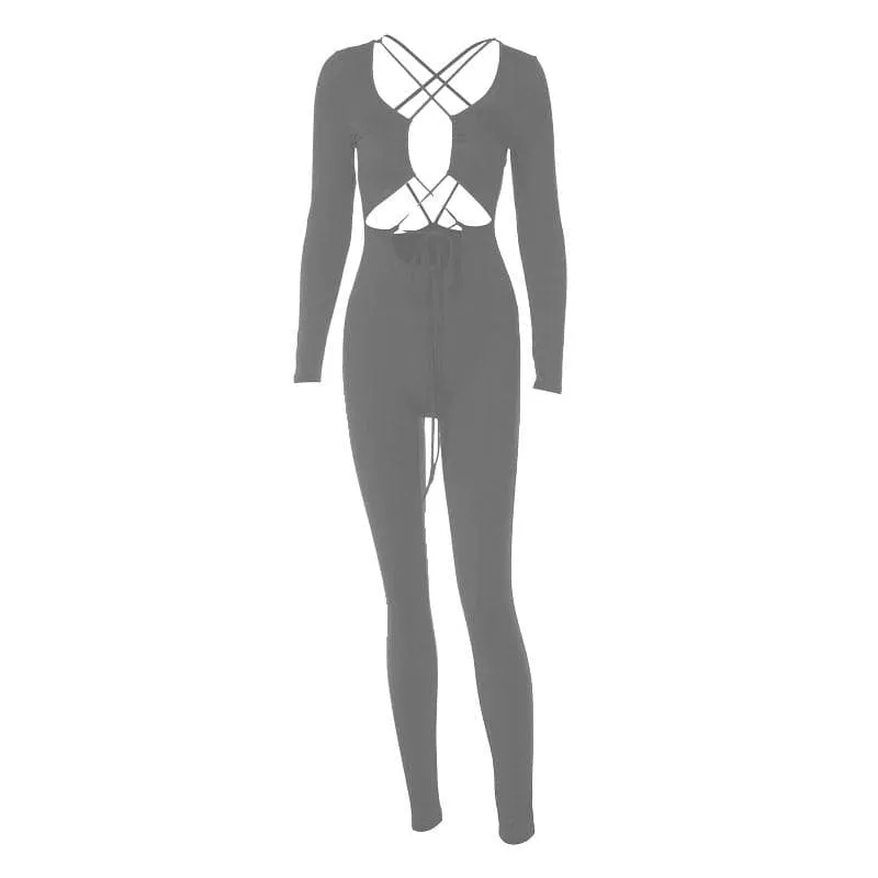 Cross front long sleeve hollow out lace up solid jumpsuit - Final Sale