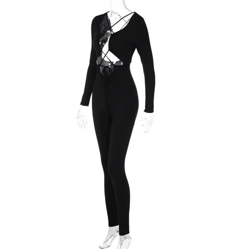 Cross front long sleeve hollow out lace up solid jumpsuit - Final Sale
