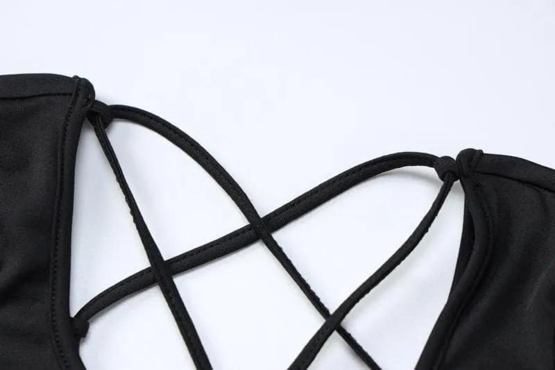 Cross front long sleeve hollow out lace up solid jumpsuit - Final Sale