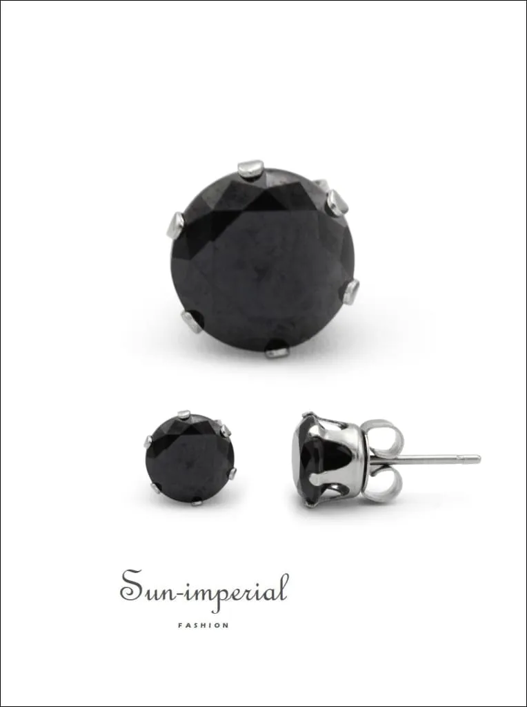 Cubic Zirconia Round Stud Earrings Stainless Steel Black Ear Piercing Jewelry Men Women