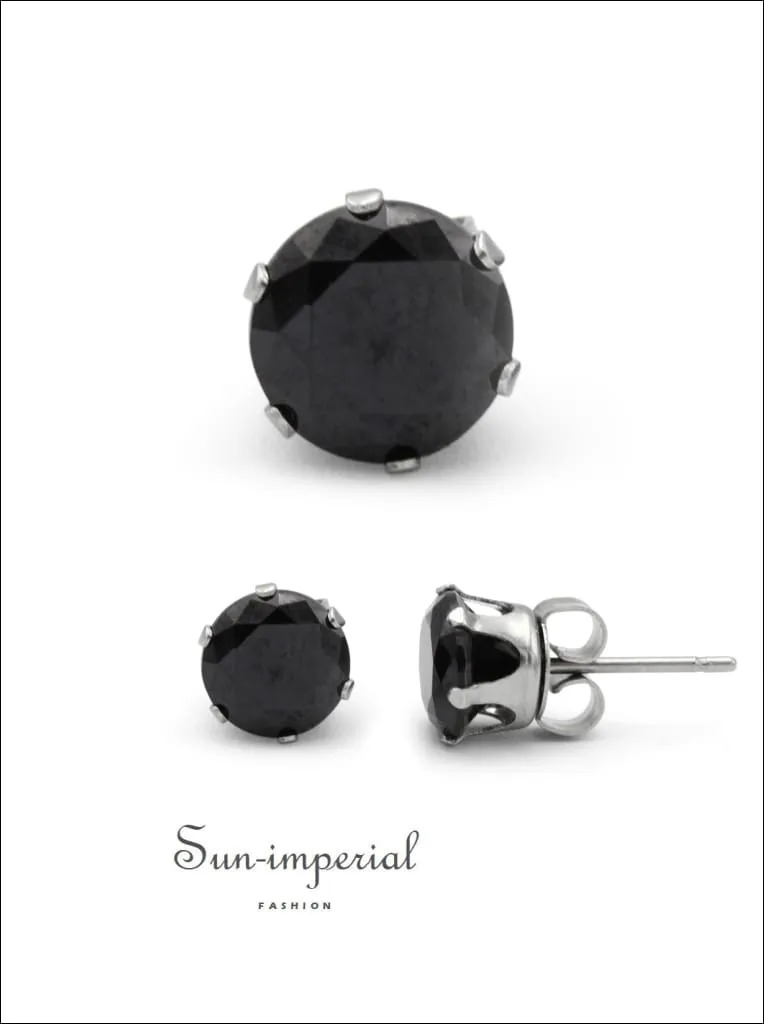 Cubic Zirconia Round Stud Earrings Stainless Steel Black Ear Piercing Jewelry Men Women