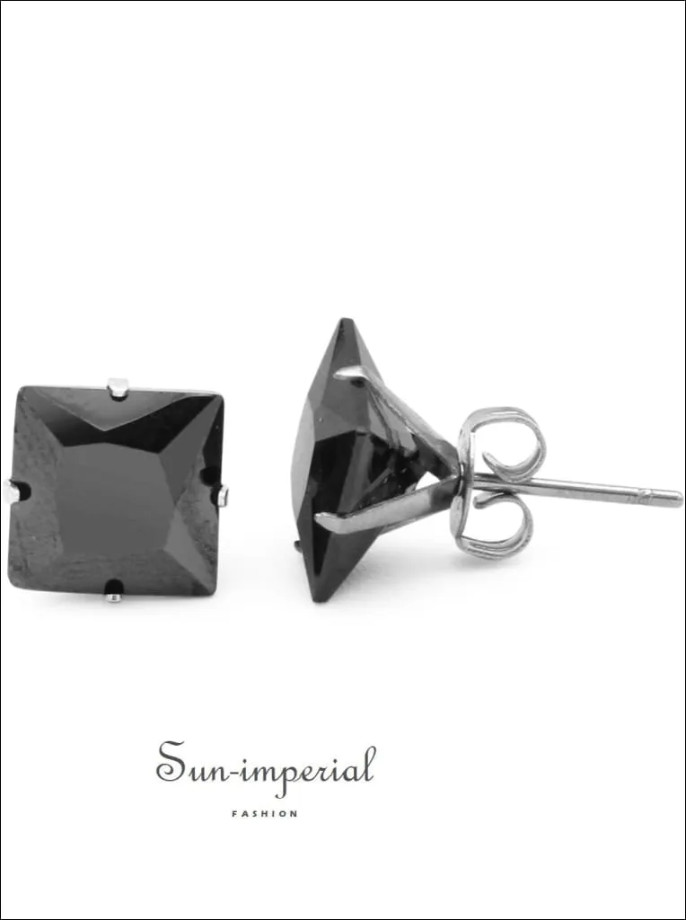 Cubic Zirconia Square Stud Earrings Stainless Steel Black Ear Piercing Jewelry Men Women