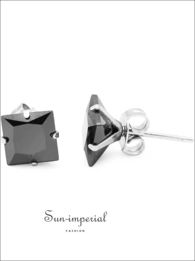 Cubic Zirconia Square Stud Earrings Stainless Steel Black Ear Piercing Jewelry Men Women