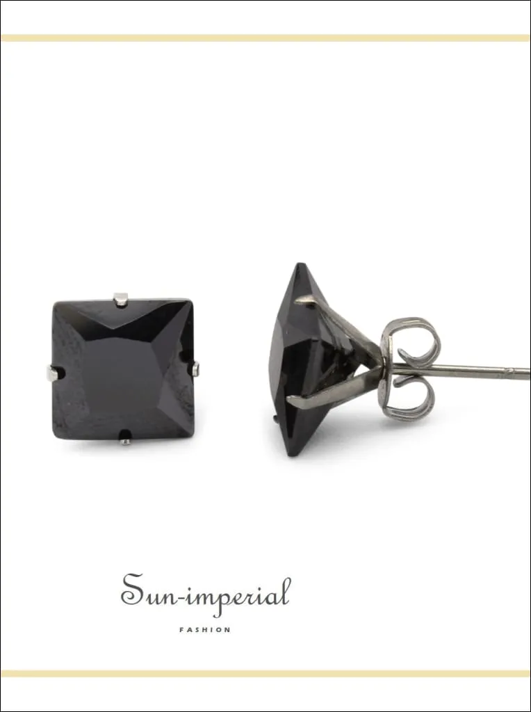Cubic Zirconia Square Stud Earrings Stainless Steel Black Ear Piercing Jewelry Men Women