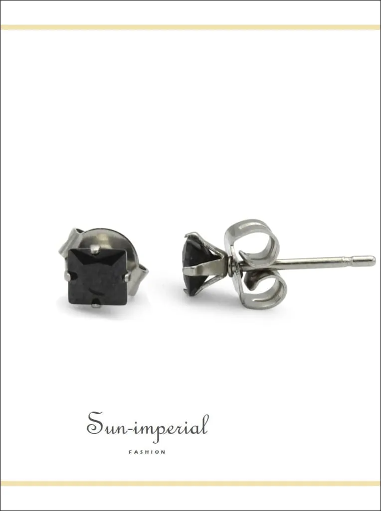 Cubic Zirconia Square Stud Earrings Stainless Steel Black Ear Piercing Jewelry Men Women