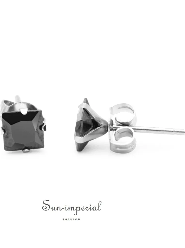 Cubic Zirconia Square Stud Earrings Stainless Steel Black Ear Piercing Jewelry Men Women