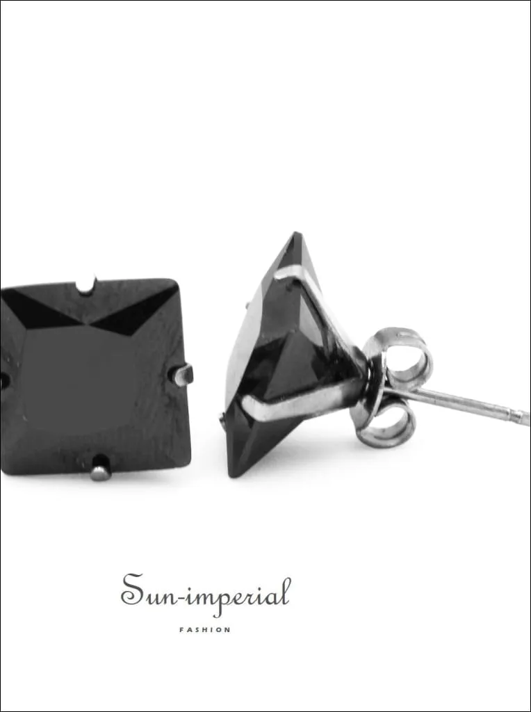 Cubic Zirconia Square Stud Earrings Stainless Steel Black Ear Piercing Jewelry Men Women