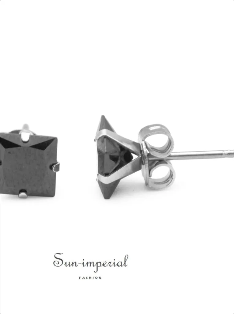 Cubic Zirconia Square Stud Earrings Stainless Steel Black Ear Piercing Jewelry Men Women