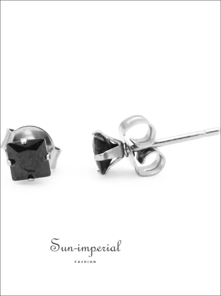 Cubic Zirconia Square Stud Earrings Stainless Steel Black Ear Piercing Jewelry Men Women