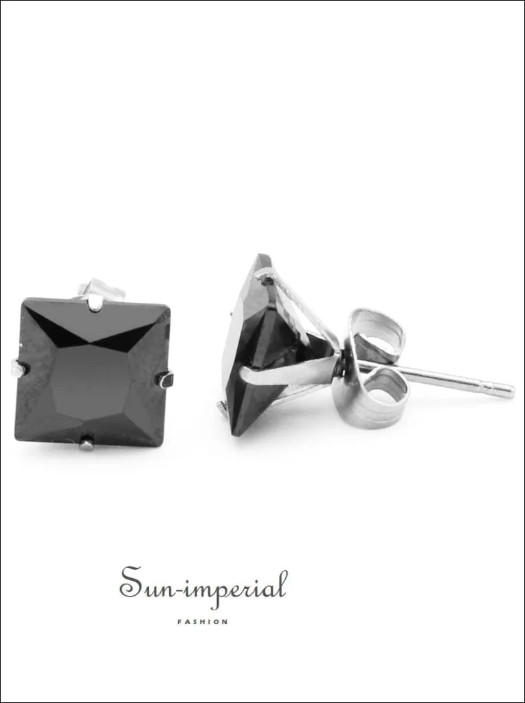 Cubic Zirconia Square Stud Earrings Stainless Steel Black Ear Piercing Jewelry Men Women