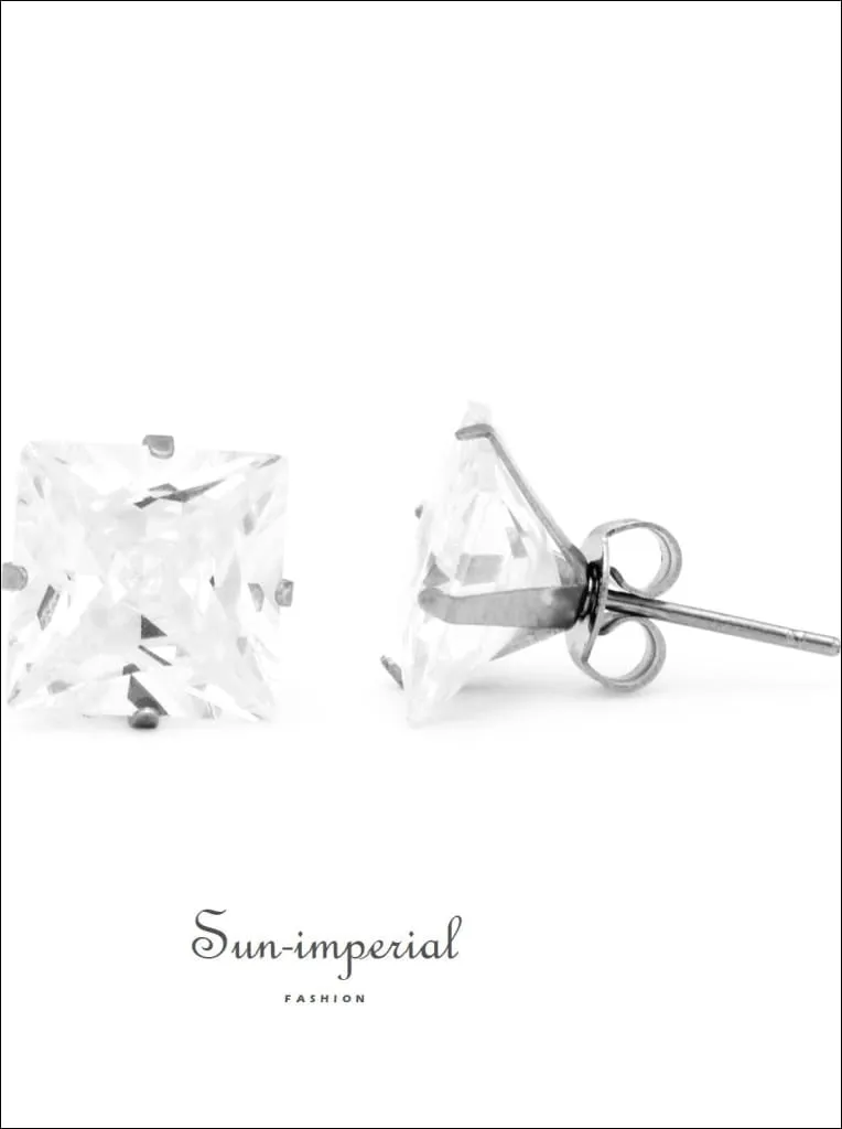 Cubic Zirconia Square Stud Earrings Stainless Steel Silver Ear Piercing Jewelry Men Women