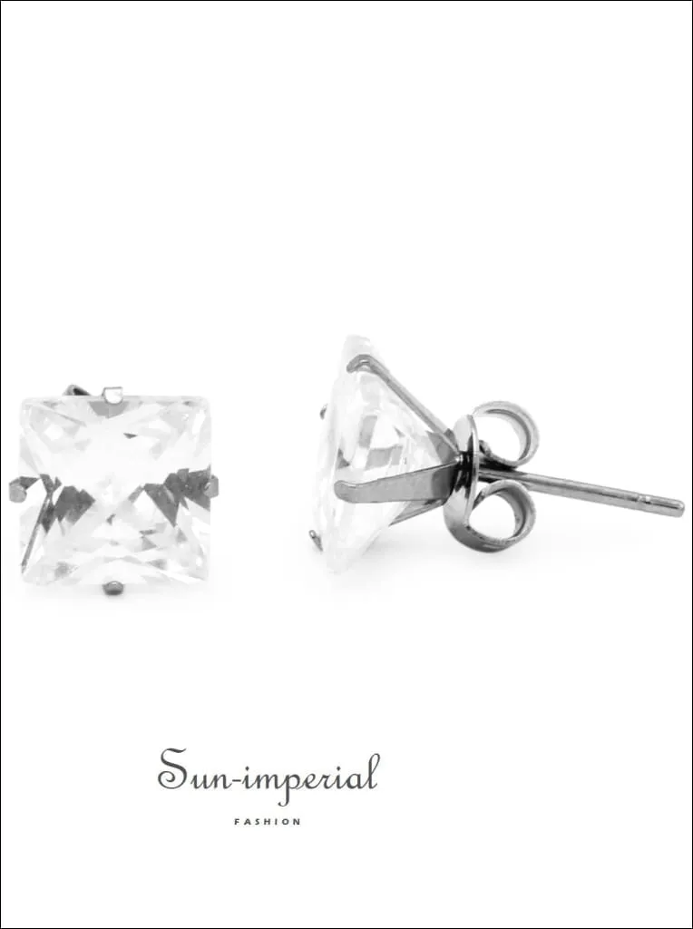 Cubic Zirconia Square Stud Earrings Stainless Steel Silver Ear Piercing Jewelry Men Women
