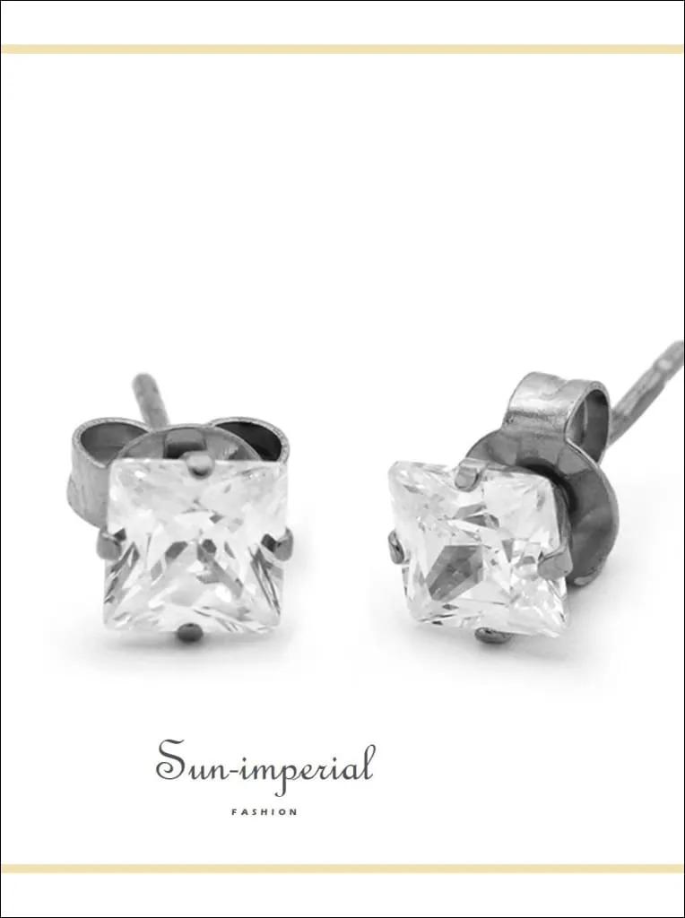 Cubic Zirconia Square Stud Earrings Stainless Steel Silver Ear Piercing Jewelry Men Women