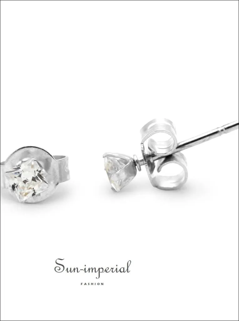 Cubic Zirconia Square Stud Earrings Stainless Steel Silver Ear Piercing Jewelry Men Women