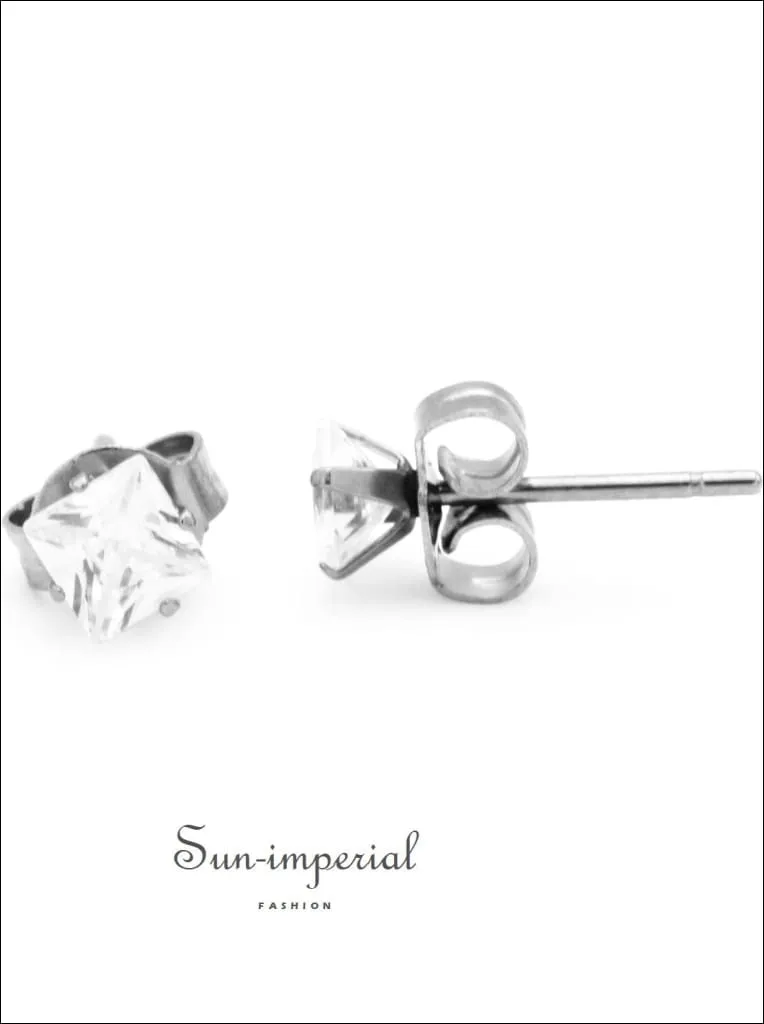 Cubic Zirconia Square Stud Earrings Stainless Steel Silver Ear Piercing Jewelry Men Women