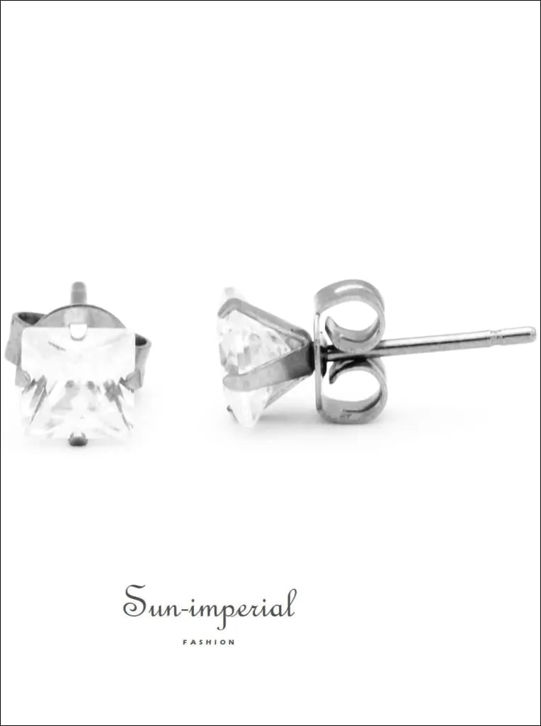 Cubic Zirconia Square Stud Earrings Stainless Steel Silver Ear Piercing Jewelry Men Women