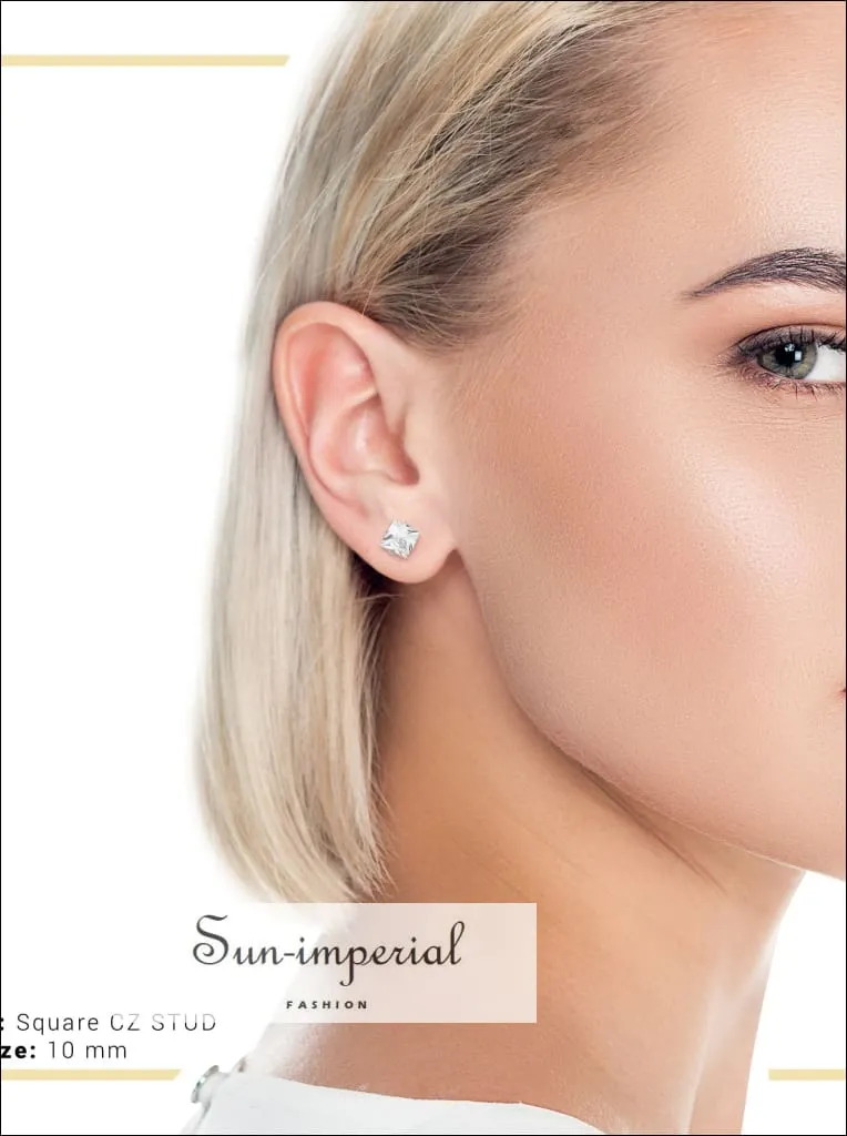 Cubic Zirconia Square Stud Earrings Stainless Steel Silver Ear Piercing Jewelry Men Women