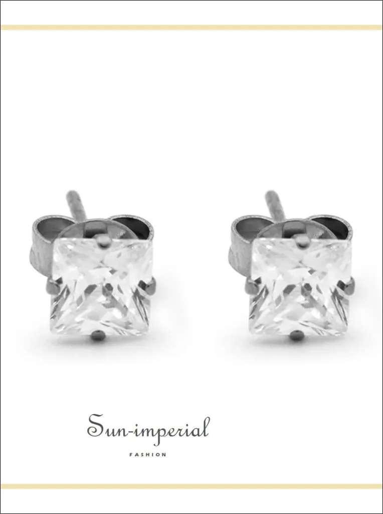 Cubic Zirconia Square Stud Earrings Stainless Steel Silver Ear Piercing Jewelry Men Women