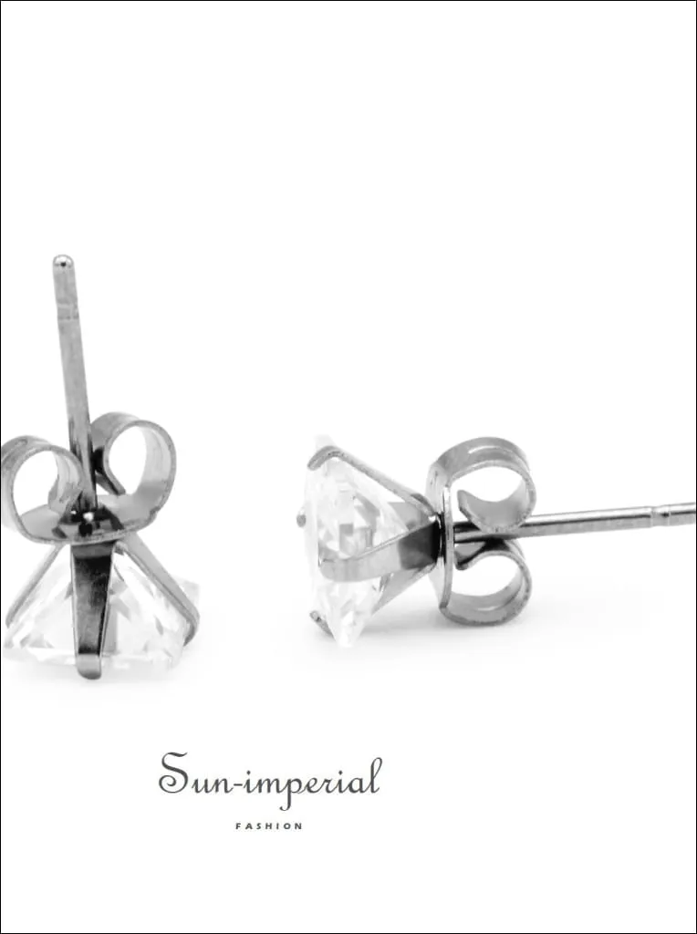 Cubic Zirconia Square Stud Earrings Stainless Steel Silver Ear Piercing Jewelry Men Women