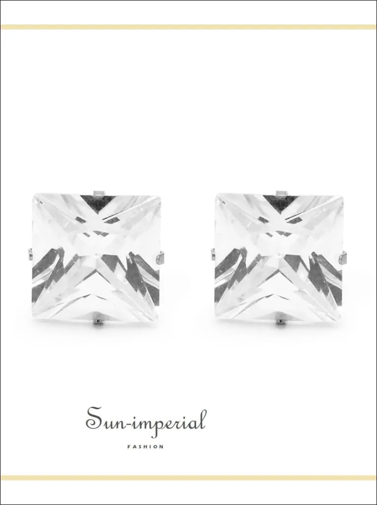 Cubic Zirconia Square Stud Earrings Stainless Steel Silver Ear Piercing Jewelry Men Women