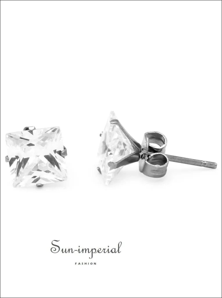 Cubic Zirconia Square Stud Earrings Stainless Steel Silver Ear Piercing Jewelry Men Women
