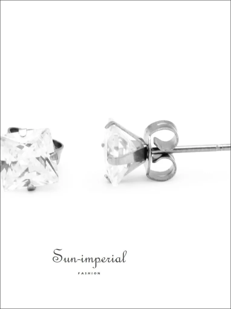 Cubic Zirconia Square Stud Earrings Stainless Steel Silver Ear Piercing Jewelry Men Women