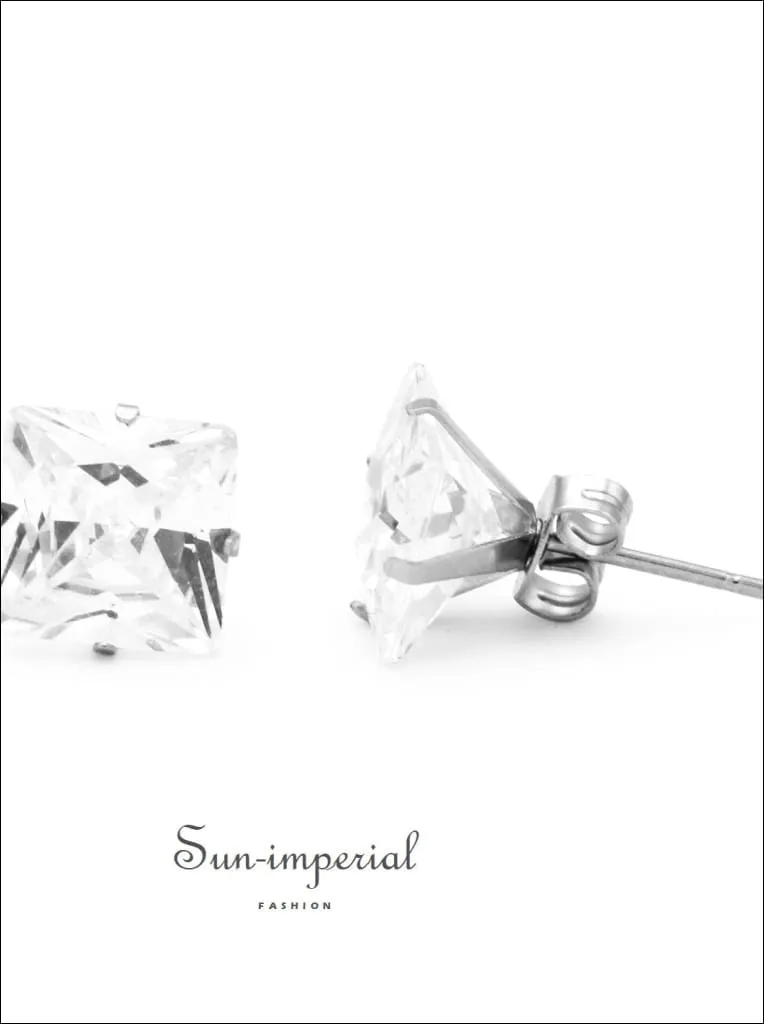 Cubic Zirconia Square Stud Earrings Stainless Steel Silver Ear Piercing Jewelry Men Women