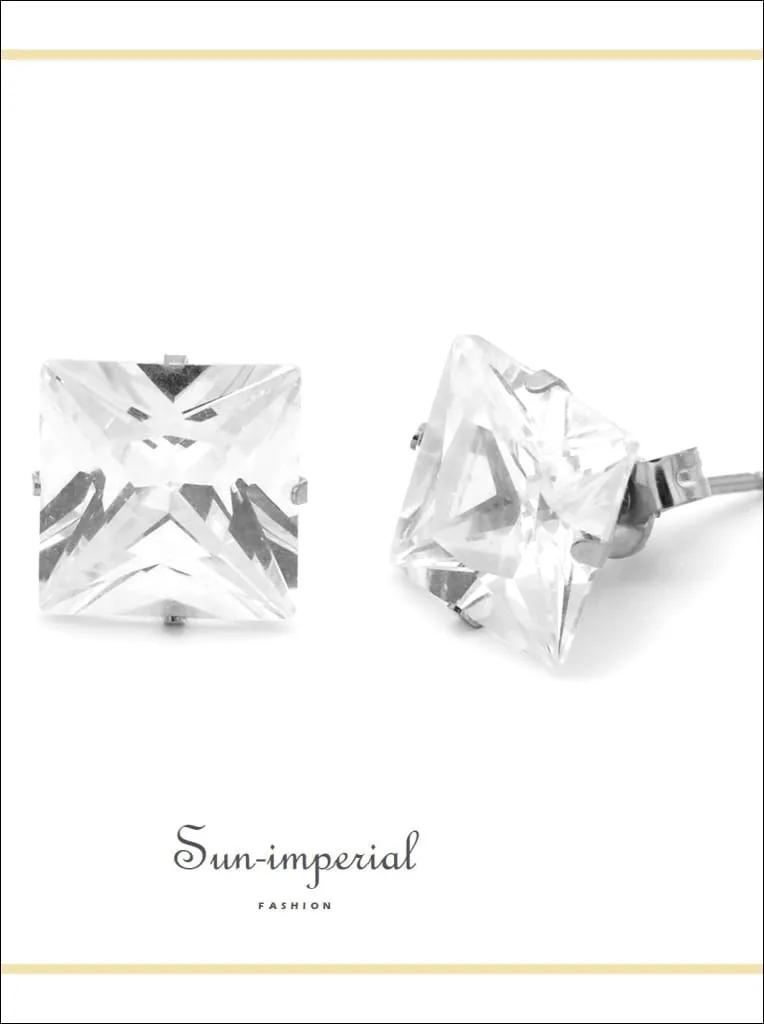 Cubic Zirconia Square Stud Earrings Stainless Steel Silver Ear Piercing Jewelry Men Women