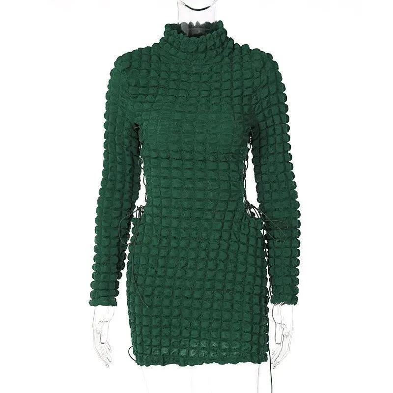 Dress Women Side Hollow Out high-neck Solid Casual*