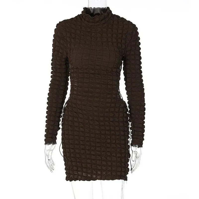 Dress Women Side Hollow Out high-neck Solid Casual*