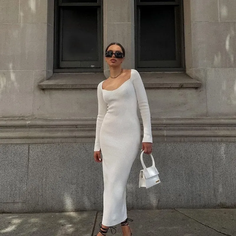 DressBetty - Square Neck Long Sleeve Soft Sweater Dress