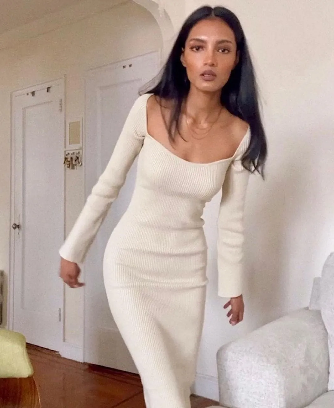 DressBetty - Square Neck Long Sleeve Soft Sweater Dress