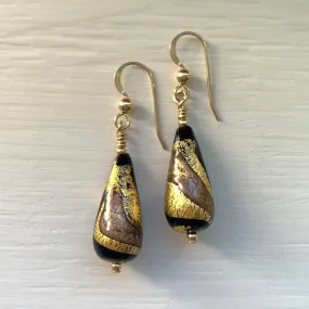 Earrings with black and aventurine over gold Murano glass short pear drops on silver or gold