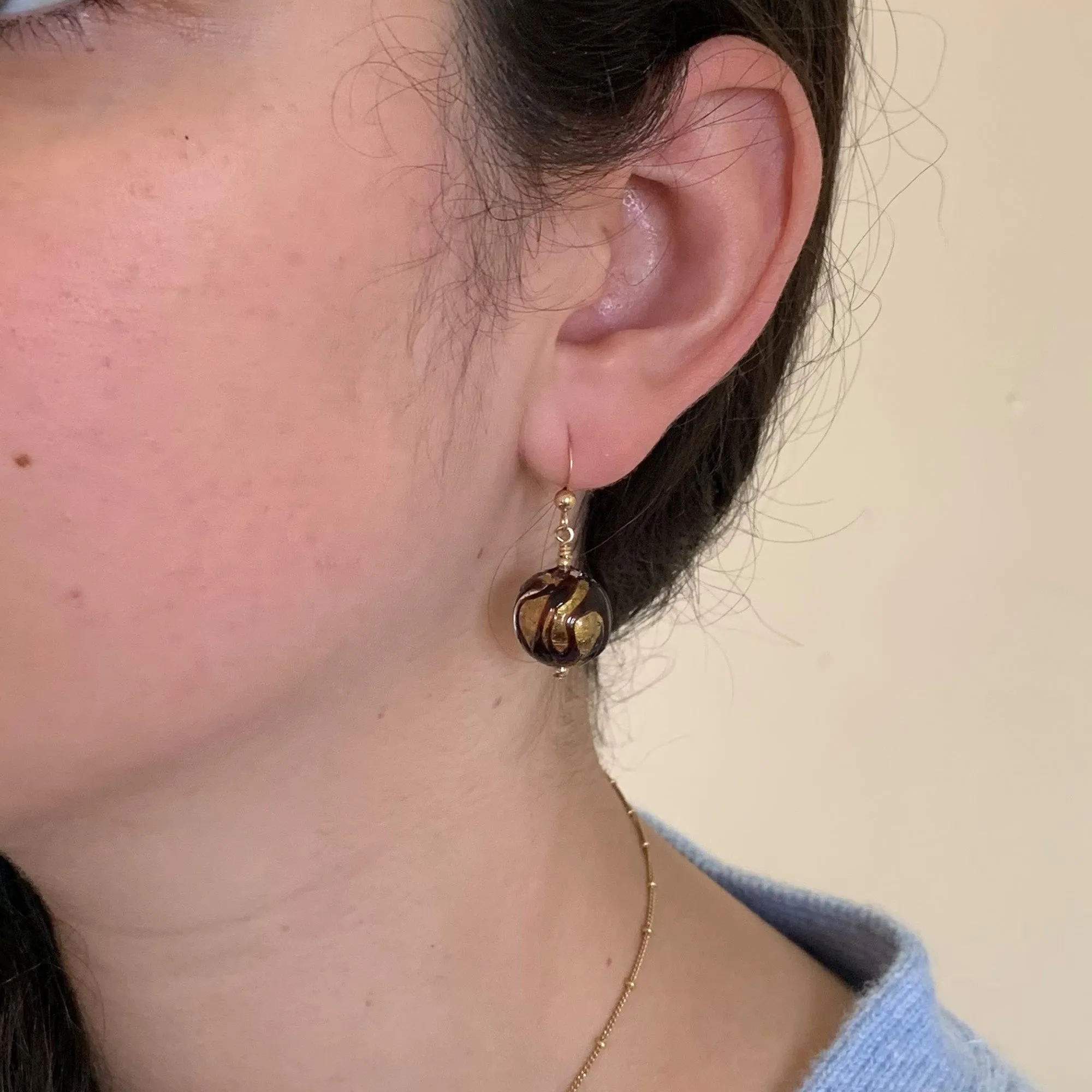 Earrings with black appliqué over gold Murano glass small sphere drops on silver or gold