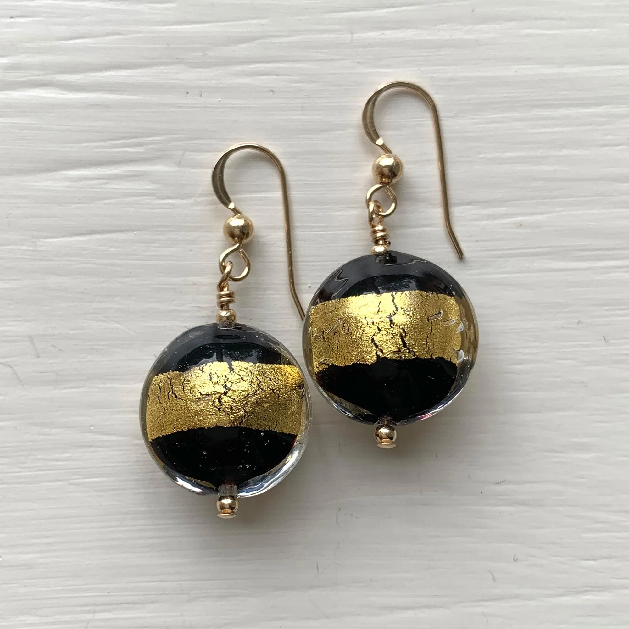 Earrings with black pastel and gold Murano glass medium lentil drops on silver or gold