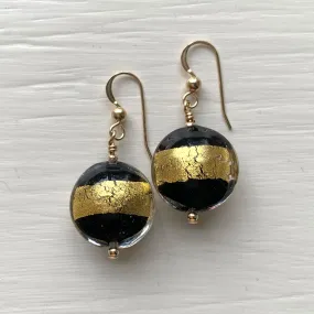 Earrings with black pastel and gold Murano glass medium lentil drops on silver or gold