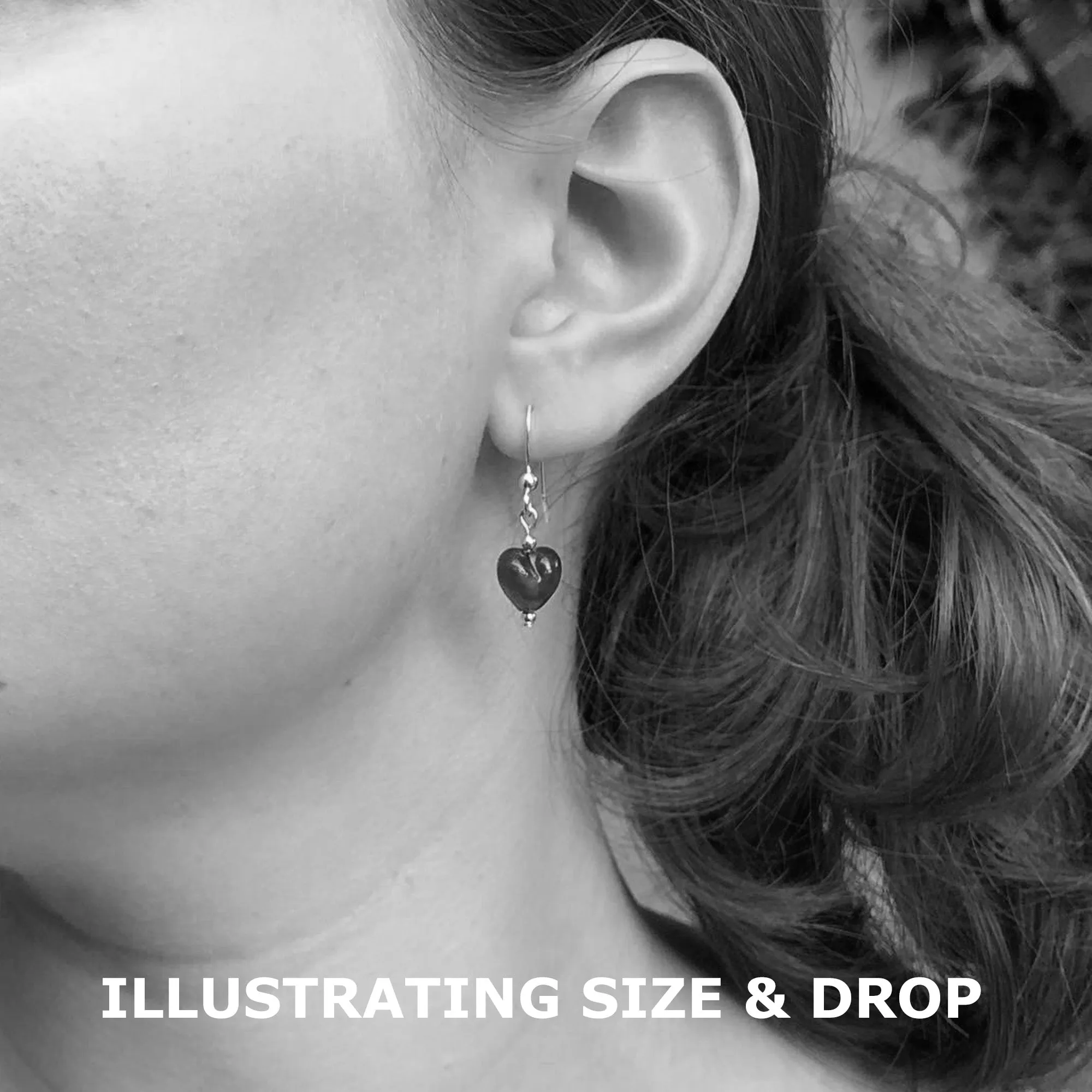 Earrings with black pastel Murano glass mini heart drops on silver or gold hooks