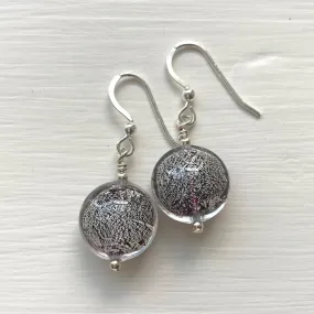 Earrings with black pastel white gold Murano glass small lentil drops on silver or gold