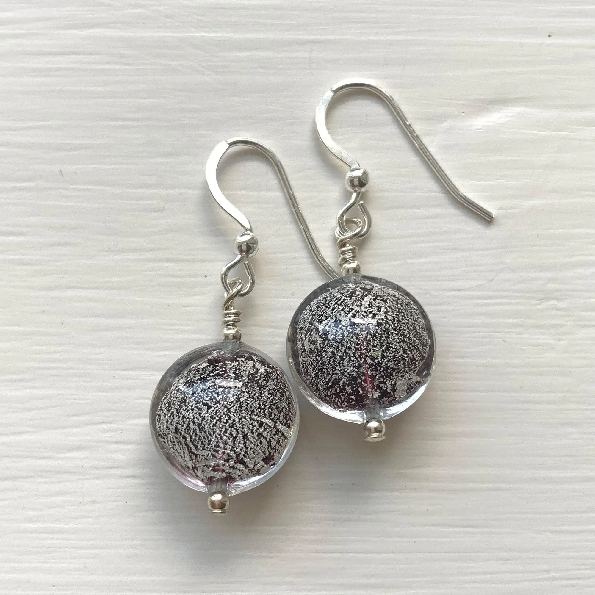 Earrings with black pastel white gold Murano glass small lentil drops on silver or gold