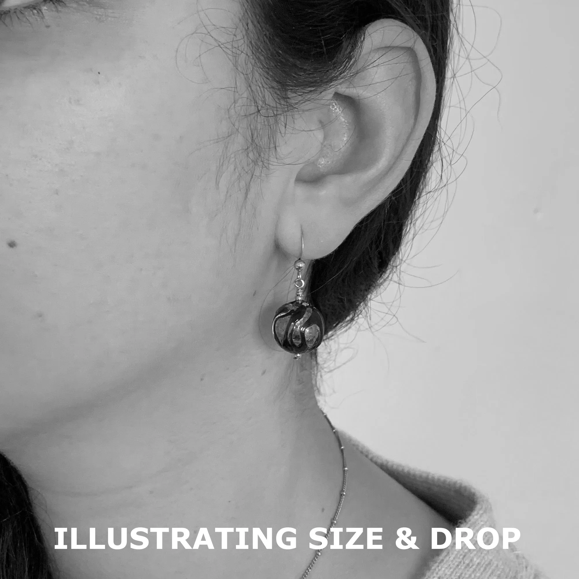 Earrings with black, silver and gold Murano glass small sphere drops on silver or gold