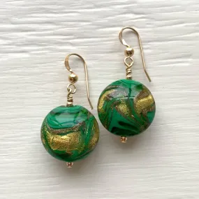 Earrings with byzantine green and gold Murano glass medium lentil drops on silver or gold