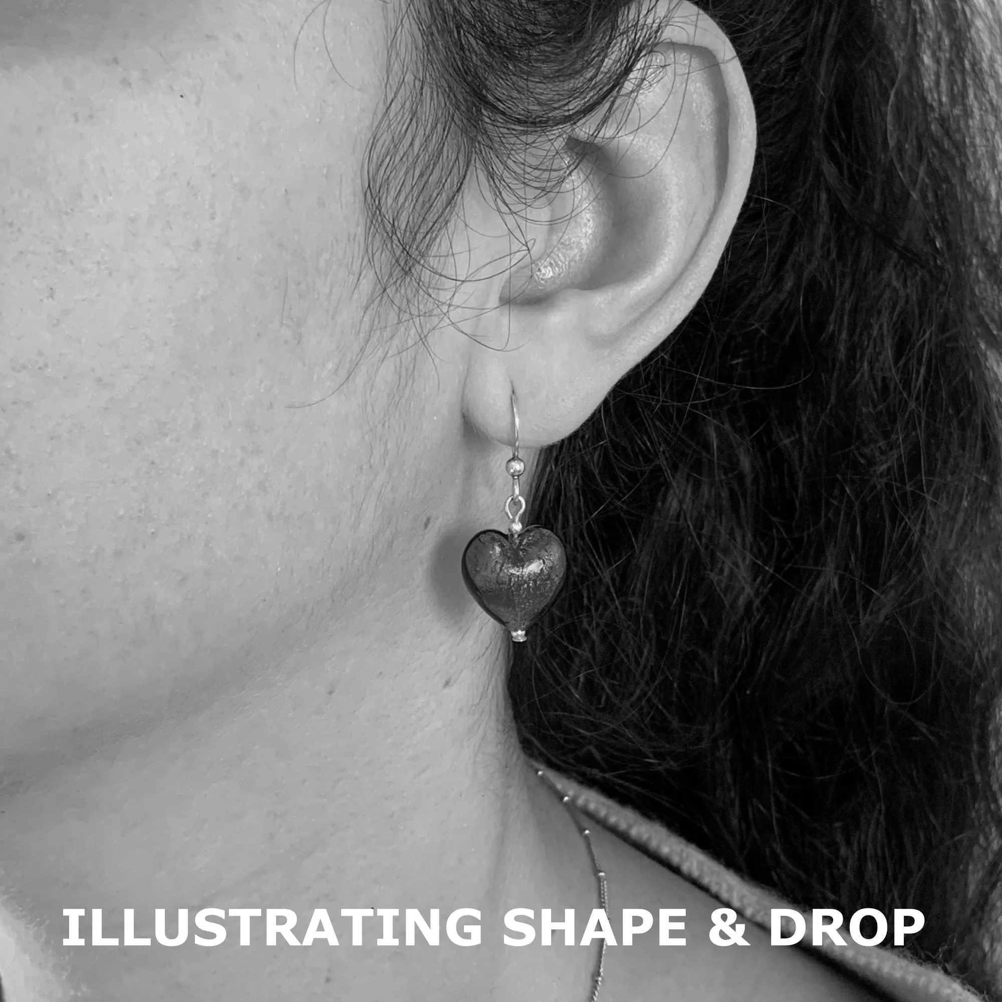 Earrings with byzantine grey and silver Murano glass small heart drops on silver or gold