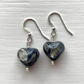 Earrings with byzantine grey and silver Murano glass small heart drops on silver or gold