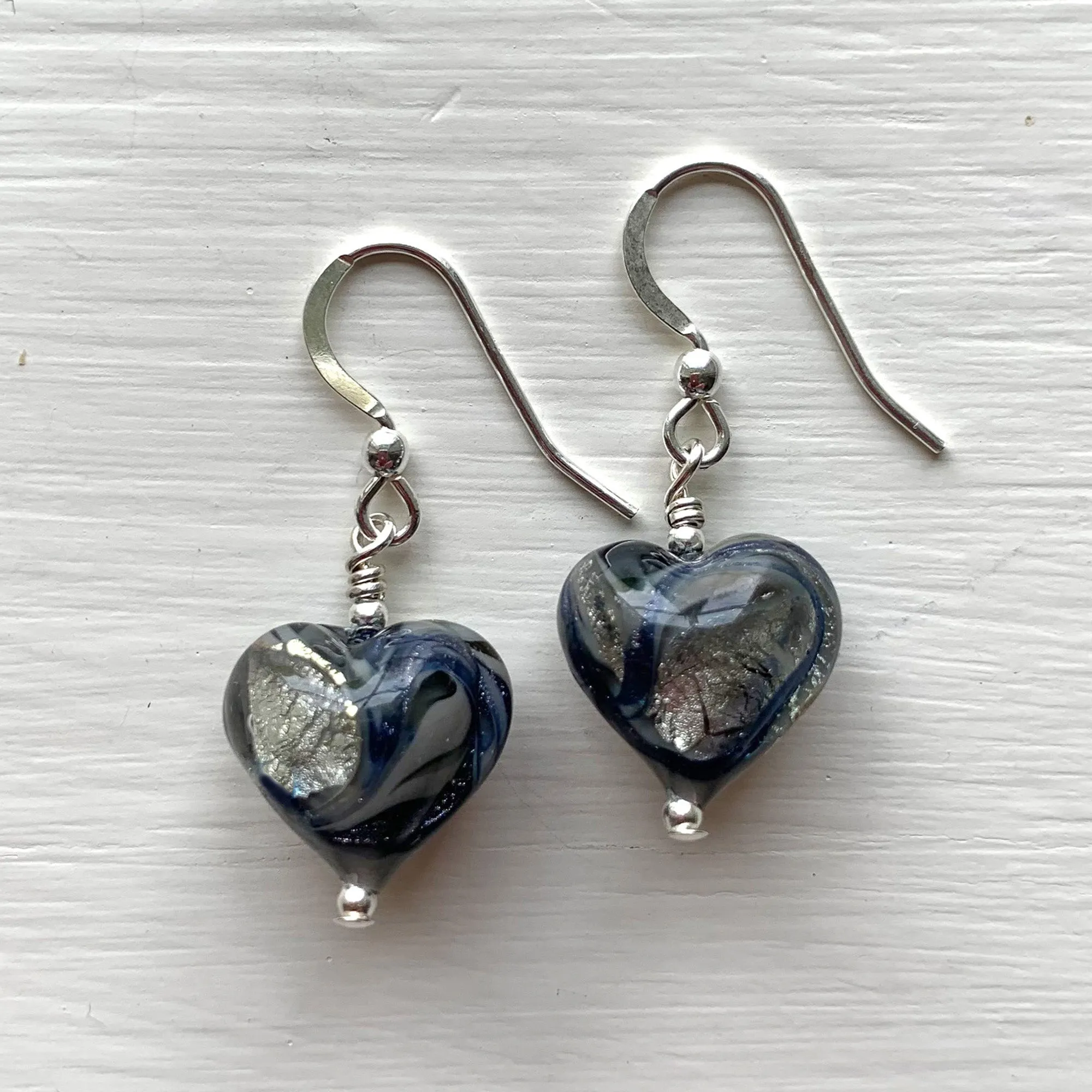 Earrings with byzantine grey and silver Murano glass small heart drops on silver or gold