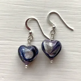 Earrings with byzantine purple and silver Murano glass small heart drops on silver or gold