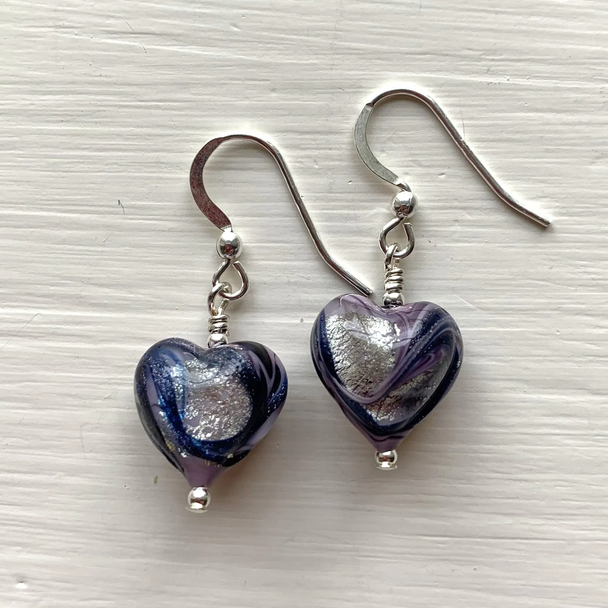 Earrings with byzantine purple and silver Murano glass small heart drops on silver or gold
