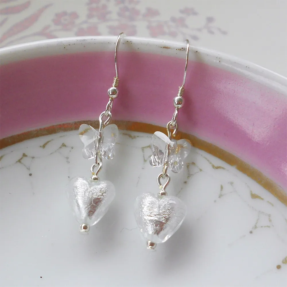 Earrings with clear crystal Murano glass mini heart and Swarovski© crystal drops